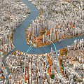 Detailed Urban Aerial Planning of City Layout with River Road Network and Green Spaces