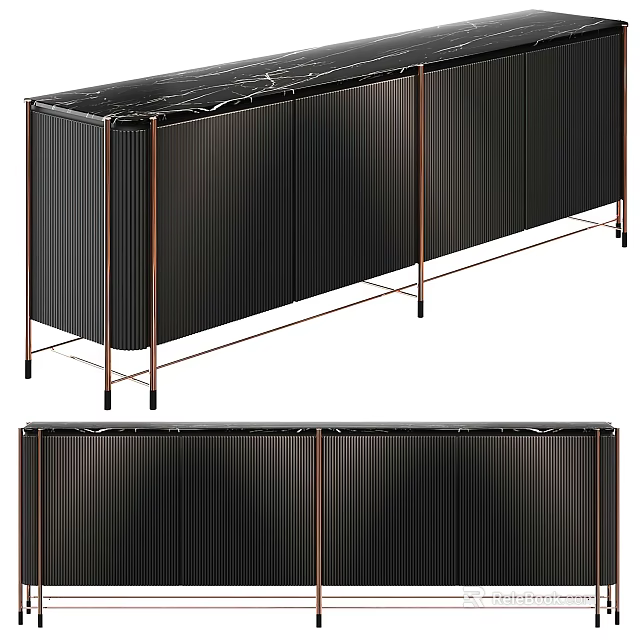 Modern Black TV Stand With Textured Panels And Brass Metal Frame 3d model 