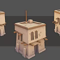 Traditional Tower Model Featuring Beige Square Structure Wooden Poles and Arch Windows