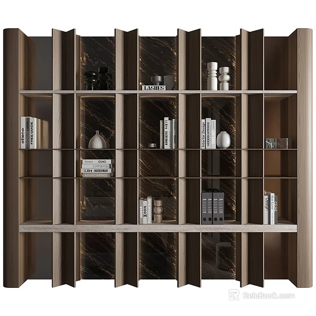 Modern Wooden Bookcase Interior With Open Shelves Decorative Items Books Vases And Candles 3d model 