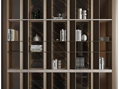 Modern Wooden Bookcase Interior With Open Shelves Decorative Items Books Vases And Candles 3d model