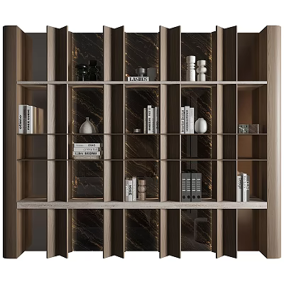 Modern Wooden Bookcase Interior With Open Shelves Decorative Items Books Vases And Candles 3d model