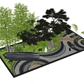 Zen Karesansui Dry Landscape Garden With Winding Path Bamboo Trees And Stone Bridge