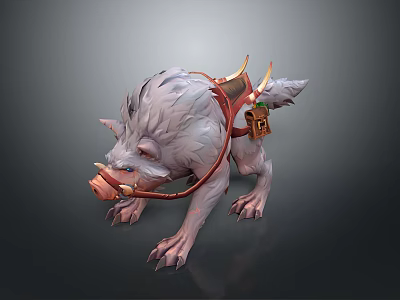 Fantasy Boar Mount With White Fur Red Saddle And Ornamental Gear Details 3d model