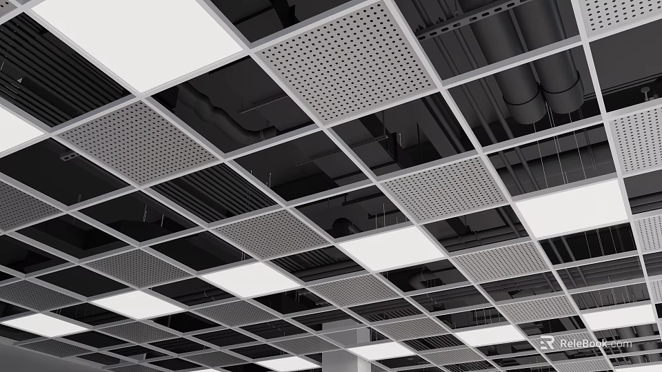 Modern Suspended Ceiling Grid Design with Black Frame White Panels and Lighting Fixtures 3d model 