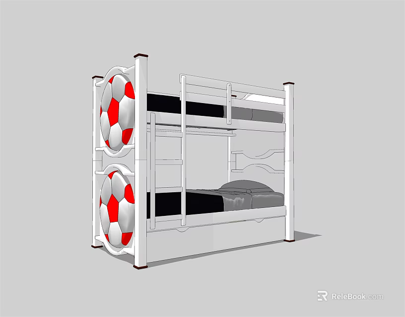 White Bunk Bed with Double Deck Design Ladder and Red White Circular Decorations 3d model