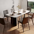 Dining Table Set With Marble Top Six Brown Leather Chairs Natural Light And Garden View