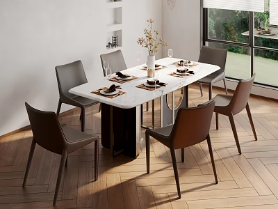 Dining Table Set With Marble Top Six Brown Leather Chairs Natural Light And Garden View 3d model