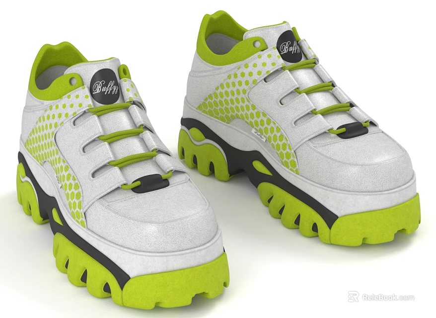 Stylish White Green Platform Shoes With Lace Up Design Perforated Panels And Comfortable Thick Soles 3d model 