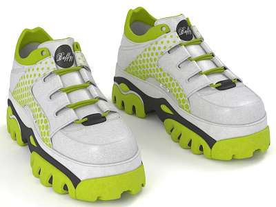 Stylish White Green Platform Shoes With Lace Up Design Perforated Panels And Comfortable Thick Soles 3d model