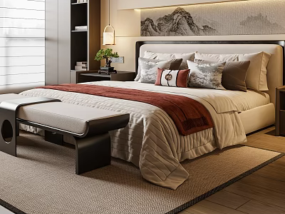 Traditional Chinese Double Bed Interior Design With Mountain Painting Headboard Pillows And Bench 3d model