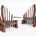 Wooden Leisure Chairs With Unique Slat Design Curved Seat And Artistic Backrest Structure