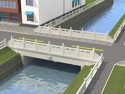 White Railed Bridge Spanning Canal With Red Brick Buildings Blue Awnings Road And Green Grass 3d model