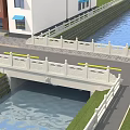 White Railed Bridge Spanning Canal With Red Brick Buildings Blue Awnings Road And Green Grass