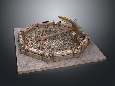Outdoor Equipment Display Featuring Octagonal Wooden Frame Metal Rings Axe Gravel And Stone Base 3d model