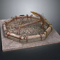 Outdoor Equipment Display Featuring Octagonal Wooden Frame Metal Rings Axe Gravel And Stone Base