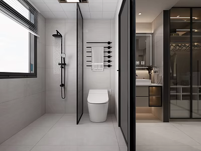 Modern Minimalist Light Gray Tiled Bathroom With Dry Wet Separation Smart Toilet And Shower Fixtures 3d model