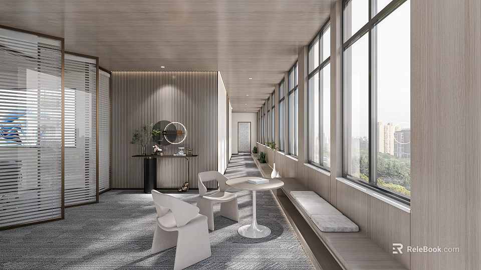 Modern Front Desk Reception Area With Wooden Walls Large Windows And City View 3d model 