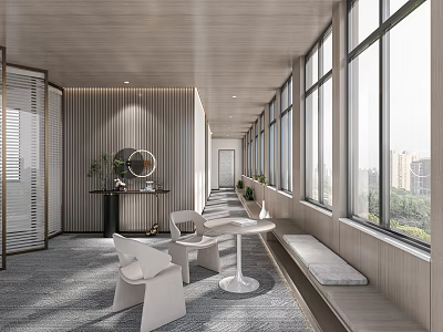 Modern Front Desk Reception Area With Wooden Walls Large Windows And City View 3d model