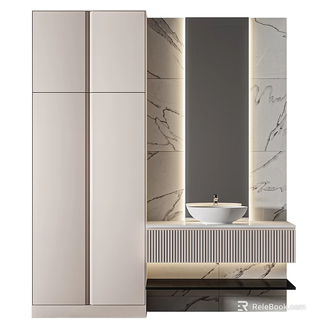 Modern Bathroom Washbasin With Marble Wall Mirror And Cabinet Interior Design 3d model 