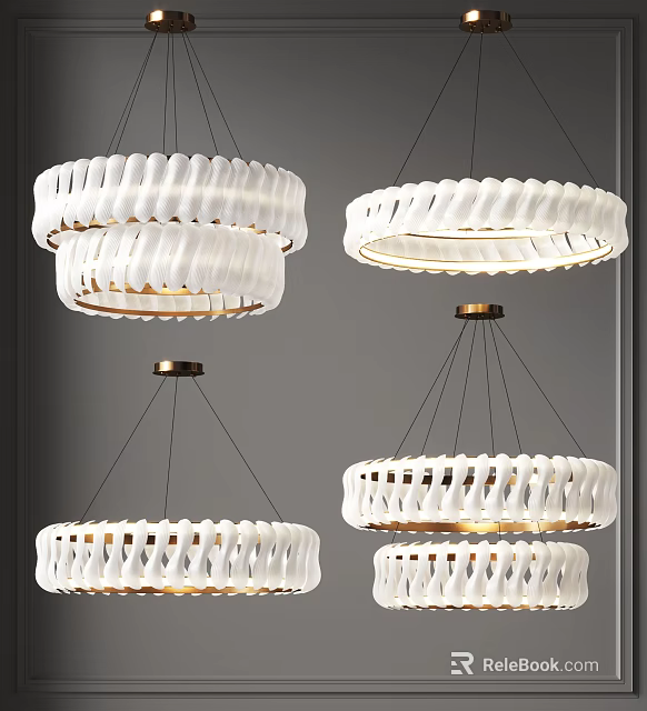 Modern White Textured Circular Chandeliers With Gold Metal Base Design 3d model 