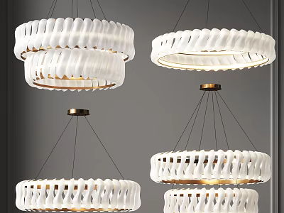 Modern White Textured Circular Chandeliers With Gold Metal Base Design 3d model