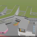 Modern School Building with Green Roof and Colorful Playground Featuring Basketball Court