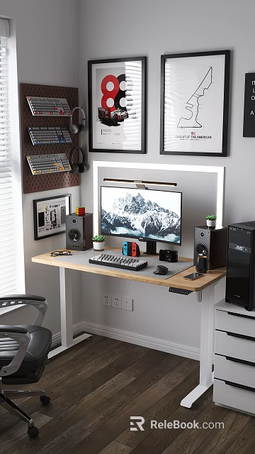 Modern Home Office Desk Setup With Monitor Keyboard Mouse Speakers Potted Plant And Framed Artwork 3d model 