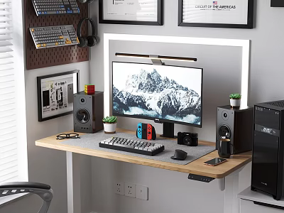 Modern Home Office Desk Setup With Monitor Keyboard Mouse Speakers Potted Plant And Framed Artwork 3d model
