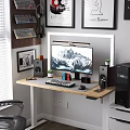 Modern Home Office Desk Setup With Monitor Keyboard Mouse Speakers Potted Plant And Framed Artwork