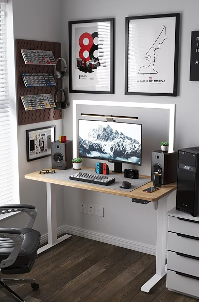 Modern Home Office Desk Setup With Monitor Keyboard Mouse Speakers Potted Plant And Framed Artwork 3d model