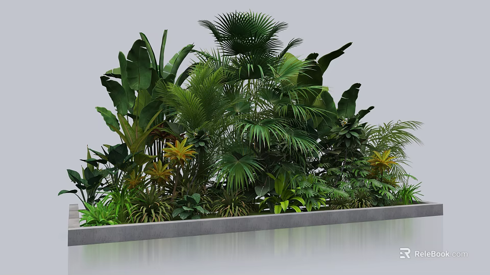 Mixed Green Plants Featuring Tropical Foliage And Various Leaf Shapes In Concrete Planter 3d model 