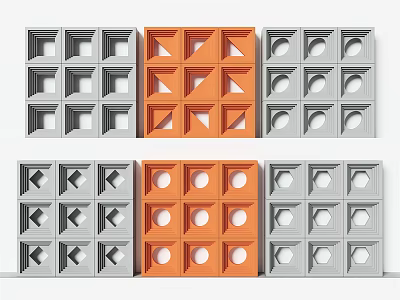 Gray and Orange Architectural Components With Geometric Cutout Patterns and Modular Design Features 3d model