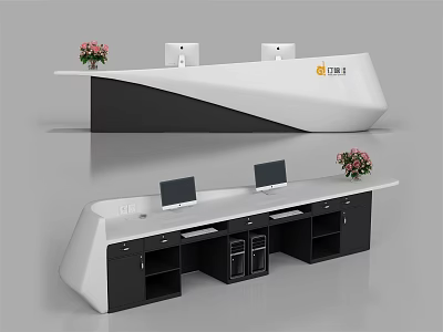 Modern Black and White Reception Desk With Computer Monitors And Flower Arrangement 3d model
