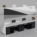 Modern Black and White Reception Desk With Computer Monitors And Flower Arrangement