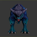 Fierce Blue Dinosaur Game Movie Character With Purple Horns And Sharp Teeth