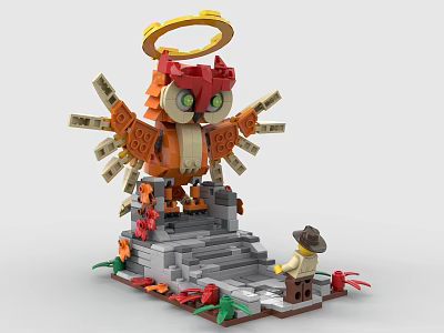 Building Block Owl with Halo Green Eyes Spread Wings Small Steps Minifigure and Surrounding Plants 3d model