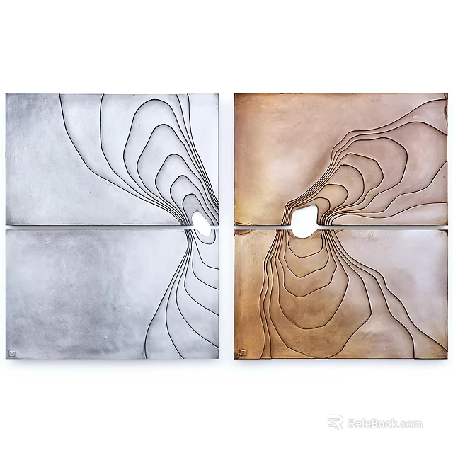 Abstract Painting With Silver And Bronze Panels Flowing Lines Circular Cutout Design 3d model 