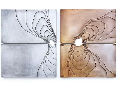 Abstract Painting With Silver And Bronze Panels Flowing Lines Circular Cutout Design 3d model