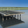 Modern Multi level Bridge with Railings Under Blue Sky and Water Surface 3d model