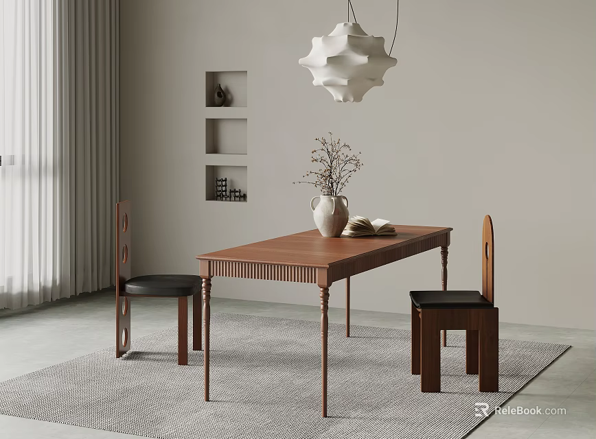 Minimalist Modern Dining Room With Wooden Table Two Chairs Vase Books And White Pendant Light 3d model 