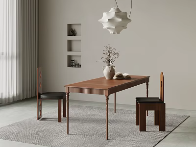 Minimalist Modern Dining Room With Wooden Table Two Chairs Vase Books And White Pendant Light 3d model