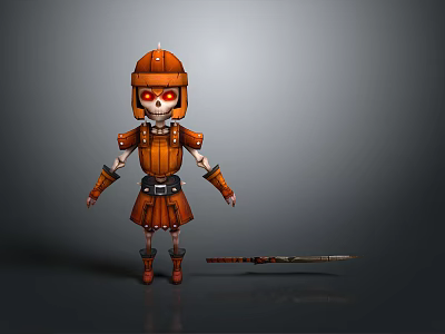 Detailed Skeleton Warrior 3D Character With Orange Armor Helmet And Spear 3d model