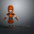 Detailed Skeleton Warrior 3D Character With Orange Armor Helmet And Spear