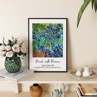 Van Gogh Irises Painting in Black Frame with Pink White Roses Green Vase and Books 3d model