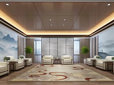 Modern Chinese Hotel Public Lounge Interior With Sofas Coffee Tables And Mountain Paintings 3d model