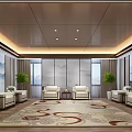 Modern Chinese Hotel Public Lounge Interior With Sofas Coffee Tables And Mountain Paintings