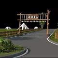 Wooden Campsite Entrance Archway Exterior Wall With Green Trees White Tents And Mountain View