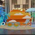 Summer Fun Photo Spot with Neon Sun Clouds Palm Trees Surfboard Umbrella and Beach Chair