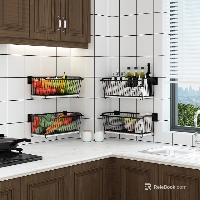 Kitchen Storage Baskets On White Tiled Wall With Fruits Vegetables Bottles Cabinets And Countertop 3d model 